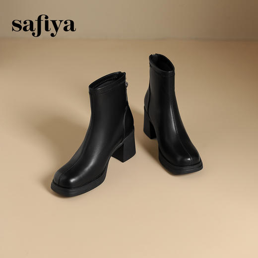 Safiya/索菲娅2024冬 英伦风高跟防水台百搭方头瘦瘦弹力时装短靴  SF44116092 商品图6