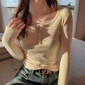 螺纹纽扣长袖打底衫女士内搭设计感正肩t恤高级感可外穿秋冬上衣