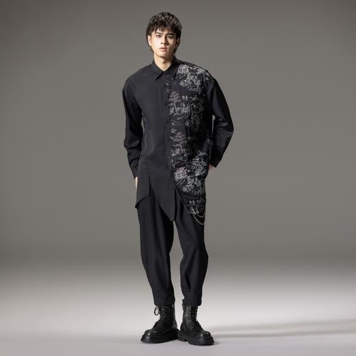 PINLI品立秋季新款尖领山水刺绣宽松休闲长袖衬衫上衣男潮牌B243113008 商品图3