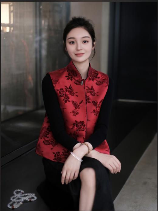 盛唐牡丹 |朱砂红底色真丝漳绒马甲 商品图0