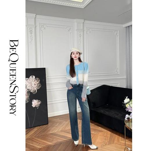 BeQueenStory【高挑女团腿】时尚腰头镂空复古中高腰喇叭裤牛仔裤 商品图3