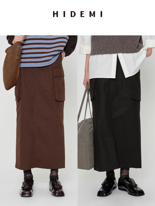 HIDEMI 水洗做旧感斜纹棉口袋工装式半身裙 黑色/古铜棕红 商品图0