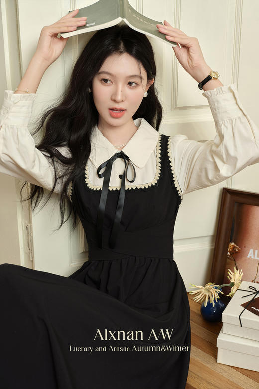 鹿向南「南法假日」假两件黑色连衣裙L39725 商品图3