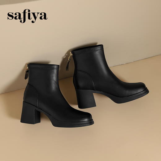 Safiya/索菲娅2024冬 英伦风高跟防水台百搭方头瘦瘦弹力时装短靴  SF44116092 商品图7
