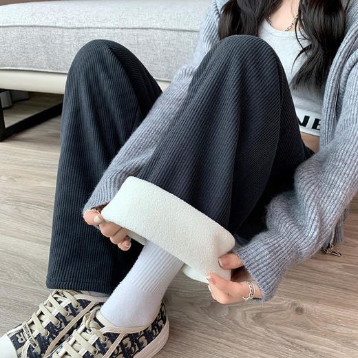 加绒阔腿裤女 秋冬高腰垂感 宽松显瘦灯芯绒直筒裤 拖地白色休闲裤 商品图2