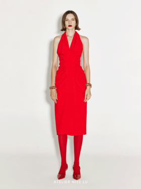 【阿米莉亚】褶皱设计挂脖露背修身连衣裙