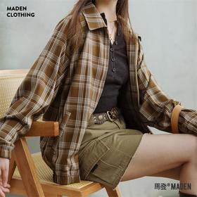马登复古格纹夹克设计感翻领休闲拉链外套宽松日常百搭松弛上衣春秋女