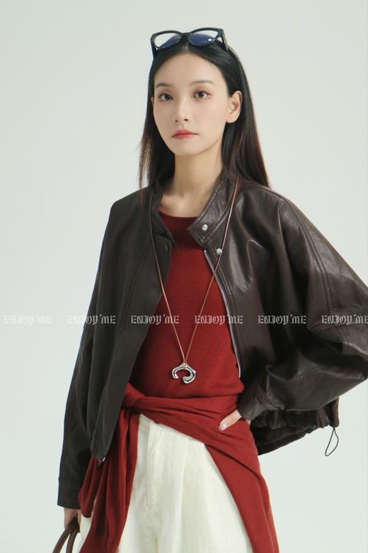 【门店同款】ENJOY秋季less is more短款立领皮夹克 159144356 商品图0