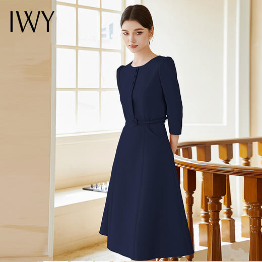 IWY/七分袖藏蓝色职业裙气质优雅大摆裙圆领显瘦通勤干练连衣裙Q1173-ZL 商品图3