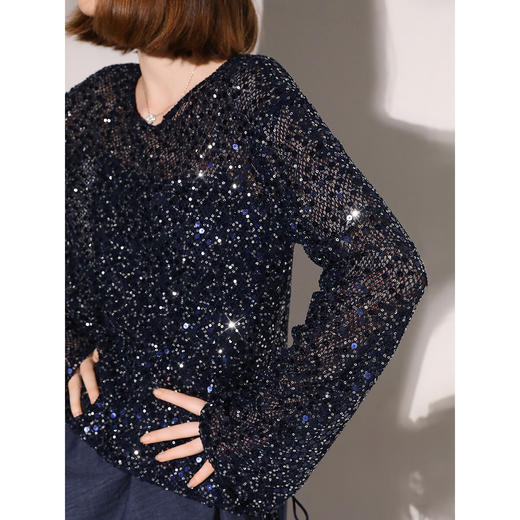 COCOBELLA璀璨星光亮片微透视针织衫秋轻奢风套头罩衫MZ7038 商品图1