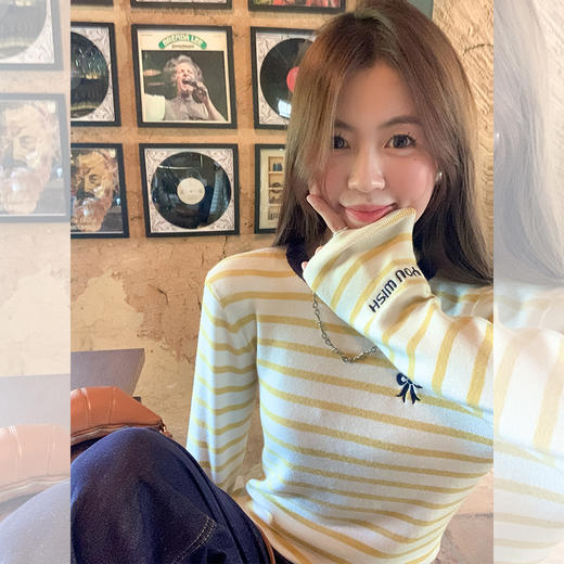 <曾小咸推荐>修身短款浅黄色杏条纹圆领毛织衫 商品图4