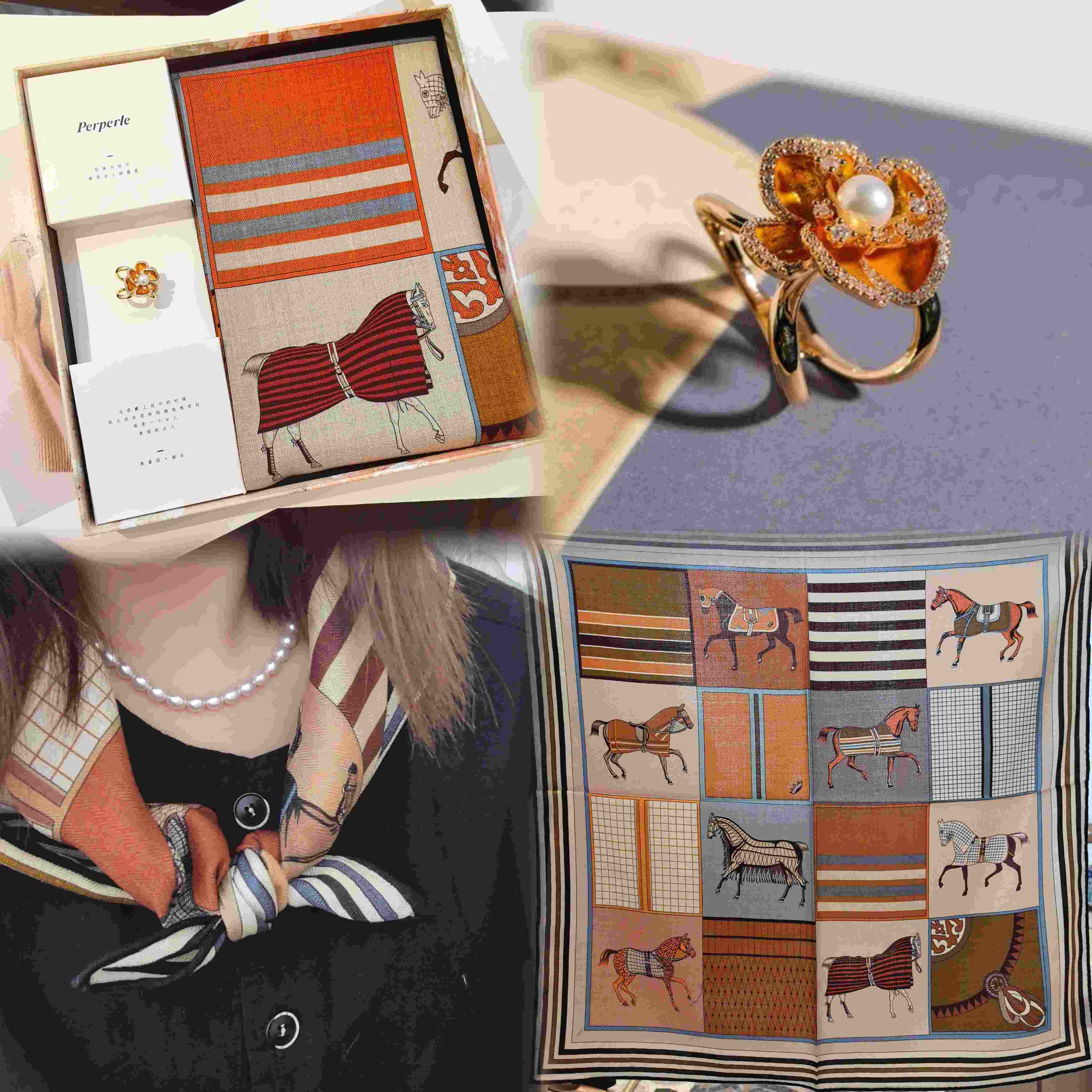 【甄珠贝·时尚高级感系列】70*70cm线条马驹双面异色丝羊毛丝巾和天然淡水珍珠山茶花丝巾扣礼盒套装