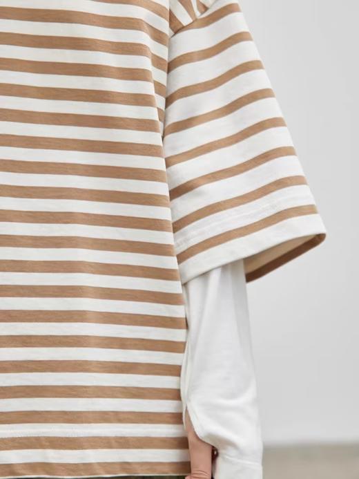 步履不停/4C18116C/小立领宽松五分袖中袖条纹t恤 商品图2