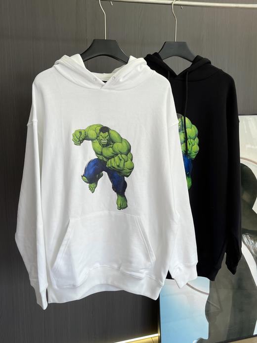 BalenciagaXHulk联名款黑色绿巨人浩克印花抓绒帽衫卫衣 商品图3