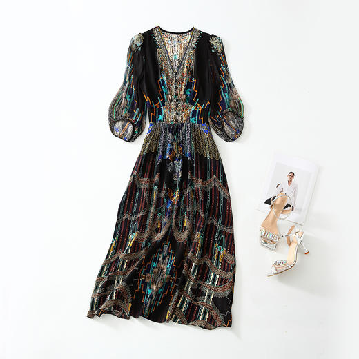 丁摩 异域风情印花真丝连衣裙桑蚕丝裙子4ZF-90216 商品图4