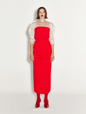 【苏菲玛索】不规则褶皱设计抹胸纱袖连衣裙