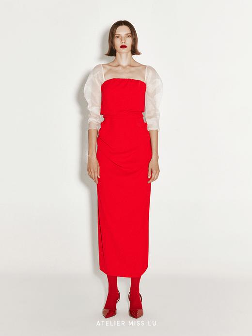 【苏菲玛索】不规则褶皱设计抹胸纱袖连衣裙 商品图0