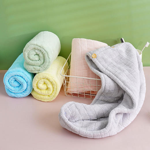 心选丨马卡龙云朵干发帽 方格设计 双层面料 瞬吸透气 橡筋口设计 商品图1