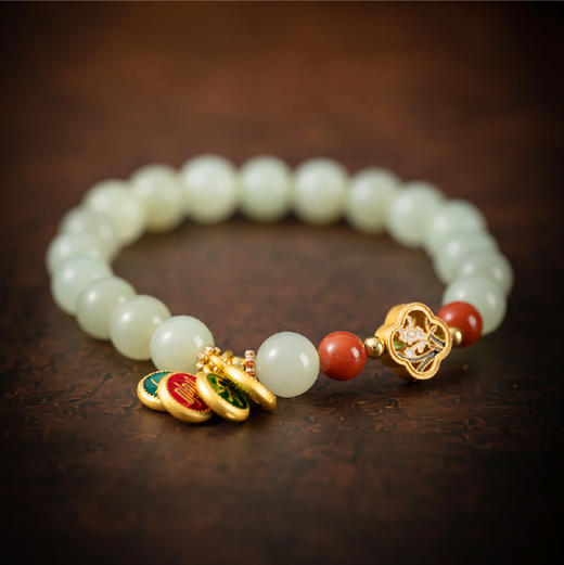 岸纾 天然冰晴水和田玉S925银喜乐平安手串 商品图5