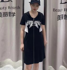1-15GD连帽腰间拼接设计短袖连衣裙40530（黑） 夏季 142150050321