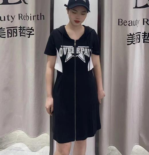 1-15GD连帽腰间拼接设计短袖连衣裙40530（黑） 夏季 142150050321 商品图0