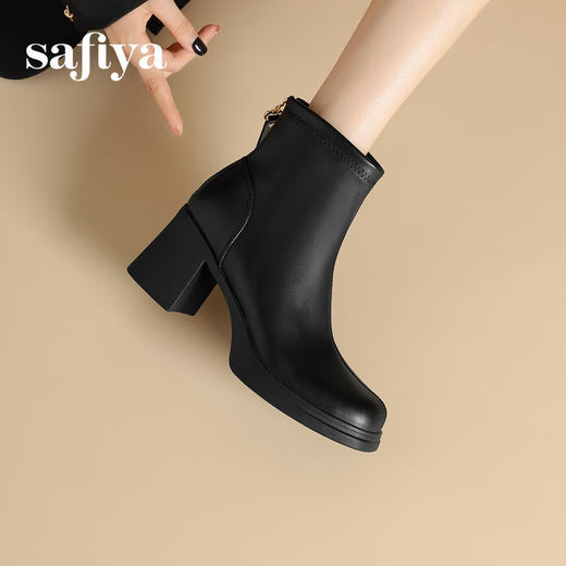 Safiya/索菲娅2024冬 英伦风高跟防水台百搭方头瘦瘦弹力时装短靴  SF44116092 商品图5