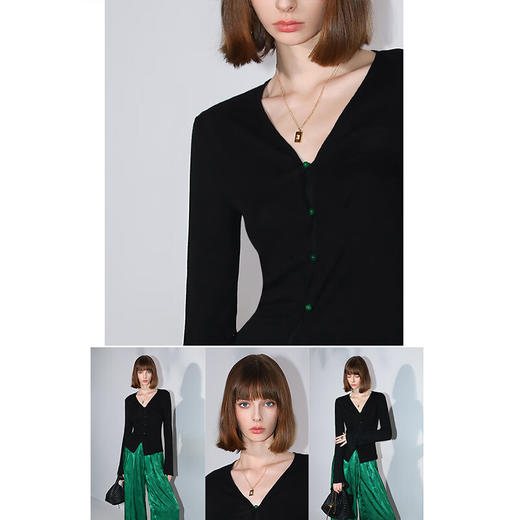COCOBELLA新中式玉石扣针织衫女早秋设计感开叉长袖开衫MZ0012B 商品图3