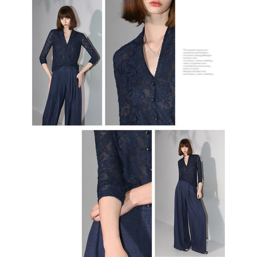 COCOBELLA优雅微透视镂空蕾丝衬衫女深V领长袖针织衫NLC55-2 商品图3