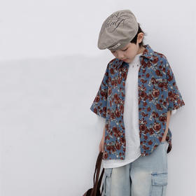 奶酪与喵男童印花休闲短袖衬衫2024夏季新款满身衬衣儿童韩版上衣