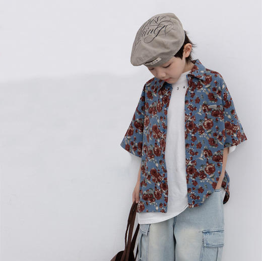 奶酪与喵男童印花休闲短袖衬衫2024夏季新款满身衬衣儿童韩版上衣 商品图0