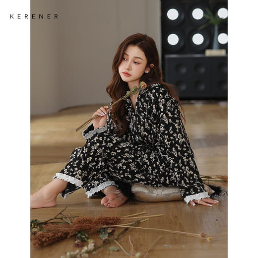 【可人儿&繁花似锦】春秋季纯棉家居服女士印花长袖全棉睡衣套装 商品图2