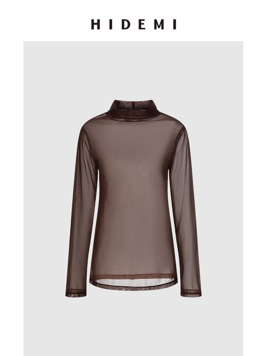 HIDEMI 极简小立领半透感微宽松打底长袖上衣 深巧克力色/黑色 商品图6