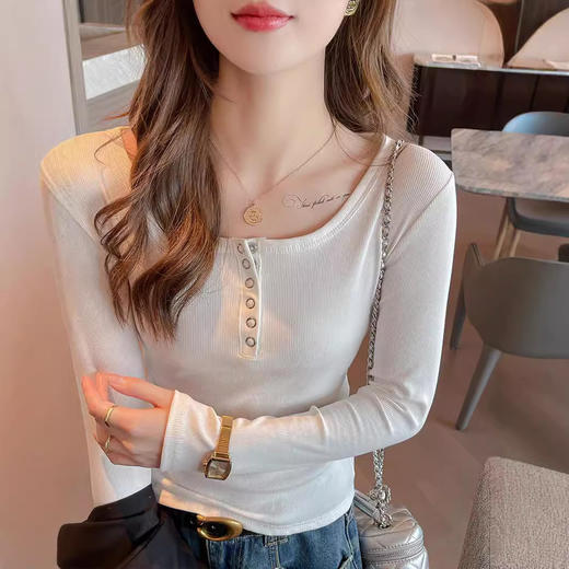 螺纹纽扣长袖打底衫女士内搭设计感正肩t恤高级感可外穿秋冬上衣 商品图2