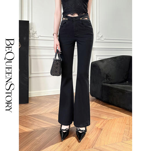 BeQueenStory【高挑女团腿】时尚腰头镂空复古中高腰喇叭裤牛仔裤 商品图2
