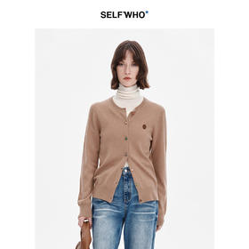SELFWHO羊毛羊绒混纺经典纯色针织开衫女2024秋新款圆领百搭外套