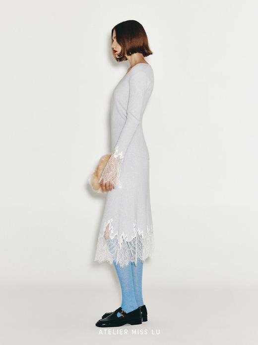 【浅海白沙】加长睫毛蕾丝拼接羊绒羊毛混纺半裙 商品图1