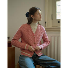 SimpleRetro First Love全羊毛点点纱绞花针织开衫女秋季毛衣外套