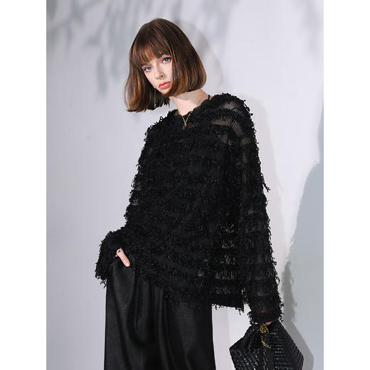 【有赞】COCOBELLA设计感微透视流苏罩衫秋名媛风毛边针织衫SE7006-2 商品图2