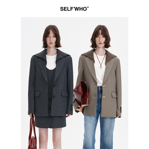 SELFWHO羊毛混纺海军领西装女2024秋新款时尚设计感宽松西服外套 商品图0