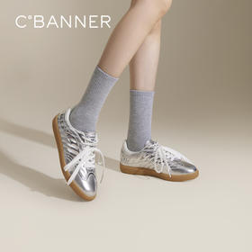 千百度银色真皮运动德训鞋女春季新品新时尚休闲鞋A25124461