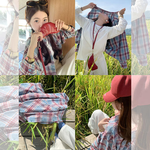 <曾小咸推荐>韩系宽松慵懒红蓝格子衬衫 商品图0