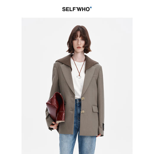 SELFWHO羊毛混纺海军领西装女2024秋新款时尚设计感宽松西服外套 商品图1