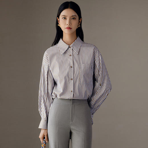 玳莎设计感条纹宽松衬衫女秋季新款百搭休闲慵懒风长袖上衣  EC31307 商品图1
