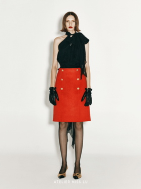 【赤霞橘光】复古镂空双排扣绵羊毛双面呢半裙