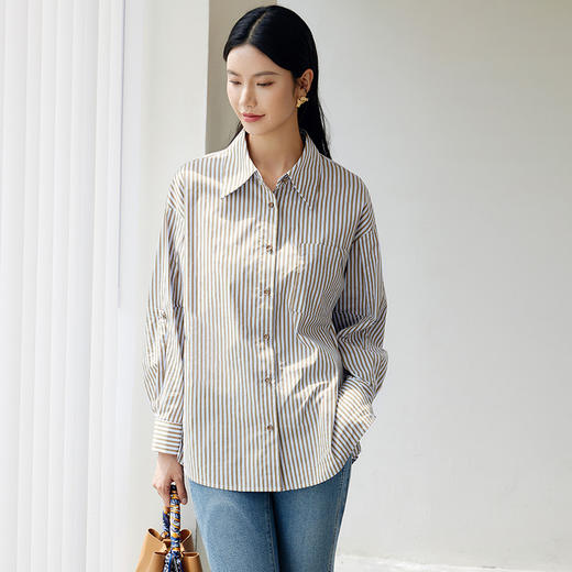 玳莎设计感条纹宽松衬衫女秋季新款百搭休闲慵懒风长袖上衣  EC31307 商品图0