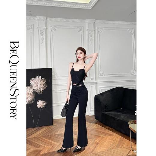 BeQueenStory【高挑女团腿】时尚腰头镂空复古中高腰喇叭裤牛仔裤 商品图4