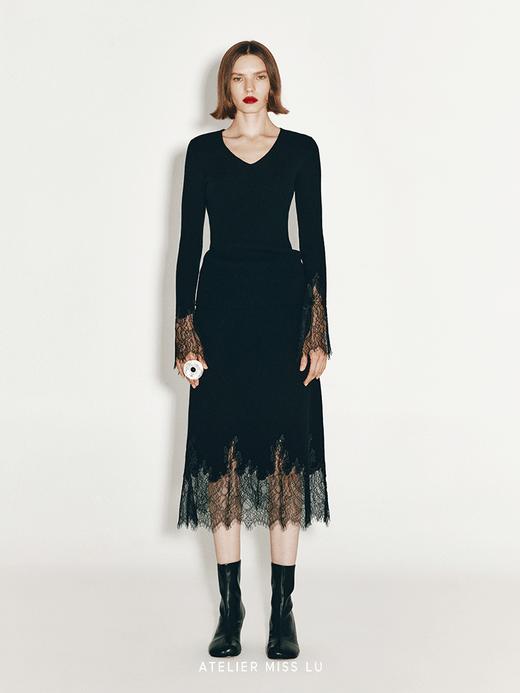 【丝丝入扣】加长睫毛蕾丝拼接羊绒羊毛混纺半裙 商品图0