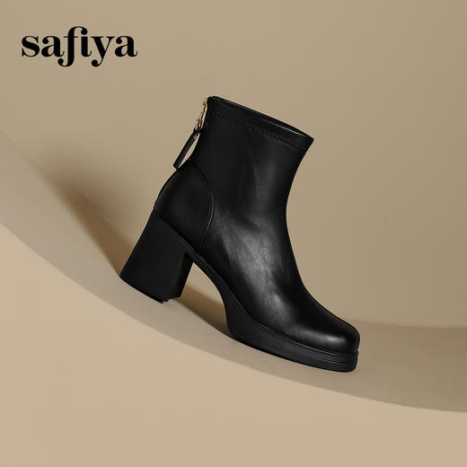 Safiya/索菲娅2024冬 英伦风高跟防水台百搭方头瘦瘦弹力时装短靴  SF44116092 商品图9
