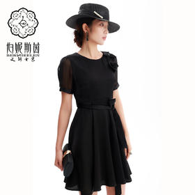 HJ2S32_漆黑色_连衣裙_四季_气质优雅立体花朵网纱袖收腰系带显瘦 A 字短裙_高级女装_BERNIEELEN 伯妮斯茵