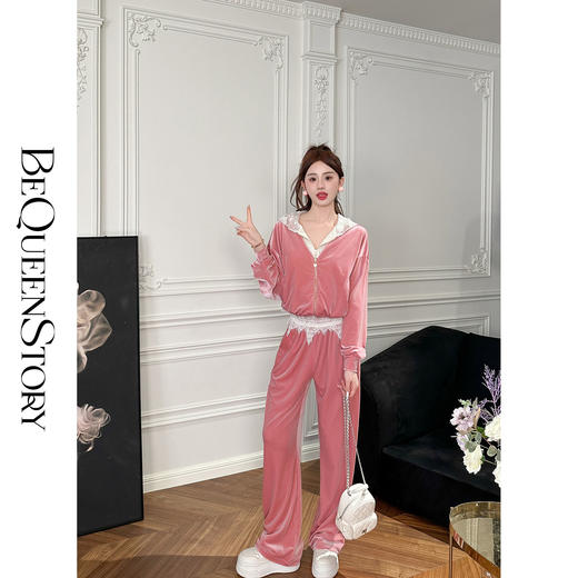 【孤品样衣，不退不换】【卢浮梦境】高贵时尚潮流百搭丝绒拼接蕾丝套装秋季女 商品图4